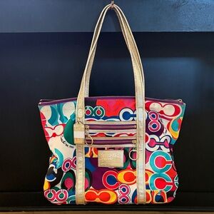 Vintage Y2K Coach Poppy Colorful Graffiti Tote Bag with Gold Accents
